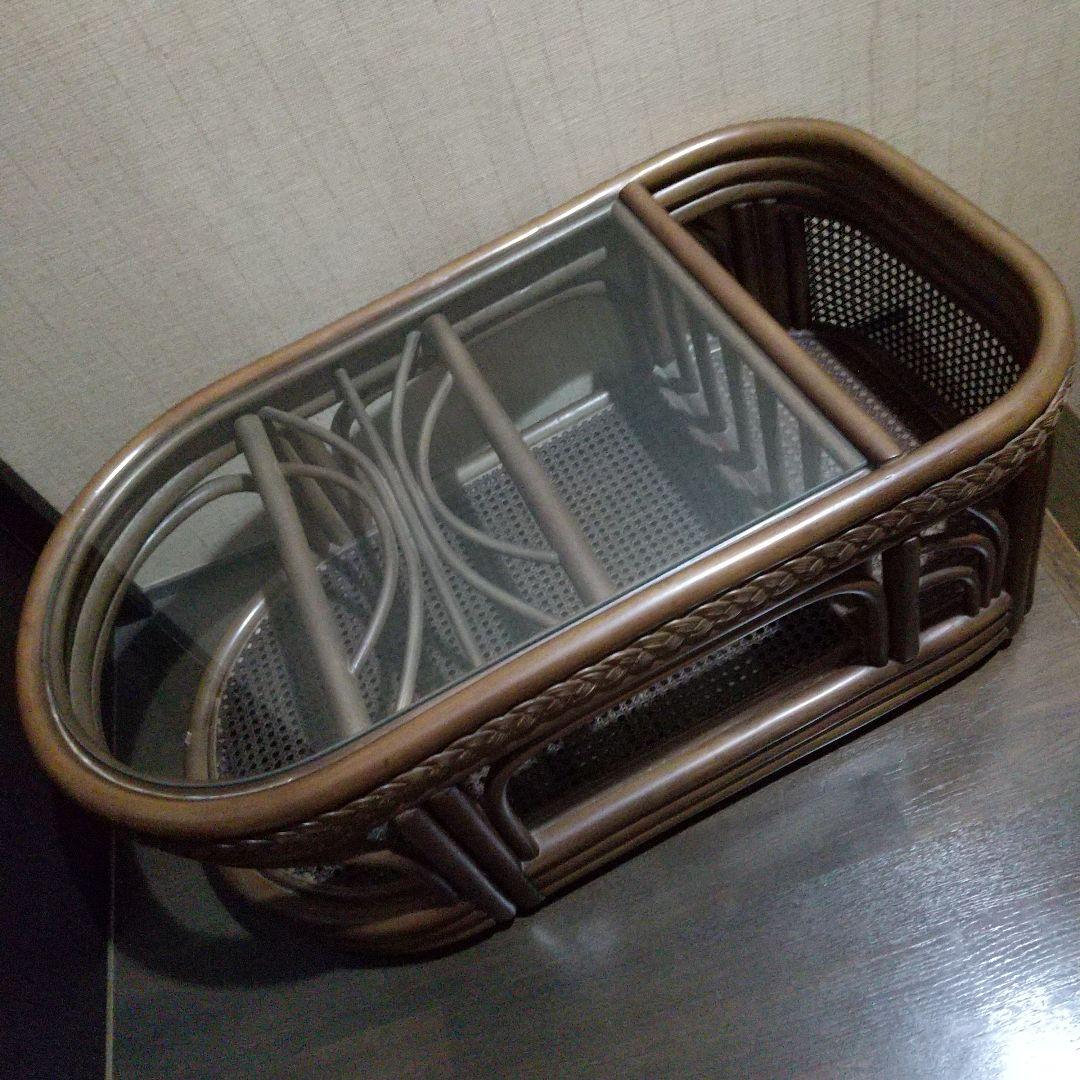 籐 ラタン 楕円形テーブル ガラス天板