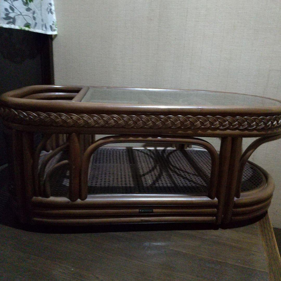 籐 ラタン 楕円形テーブル ガラス天板