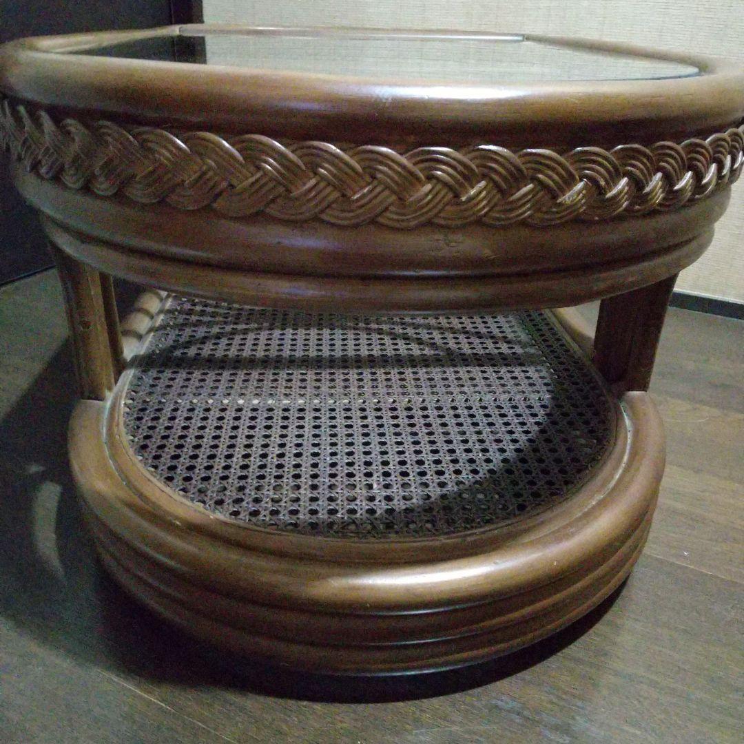 籐 ラタン 楕円形テーブル ガラス天板