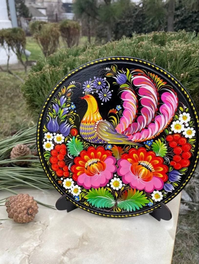 製ペトリキウカ塗りのプレート （ヴァレンティナ・ホロべッツ）20cm