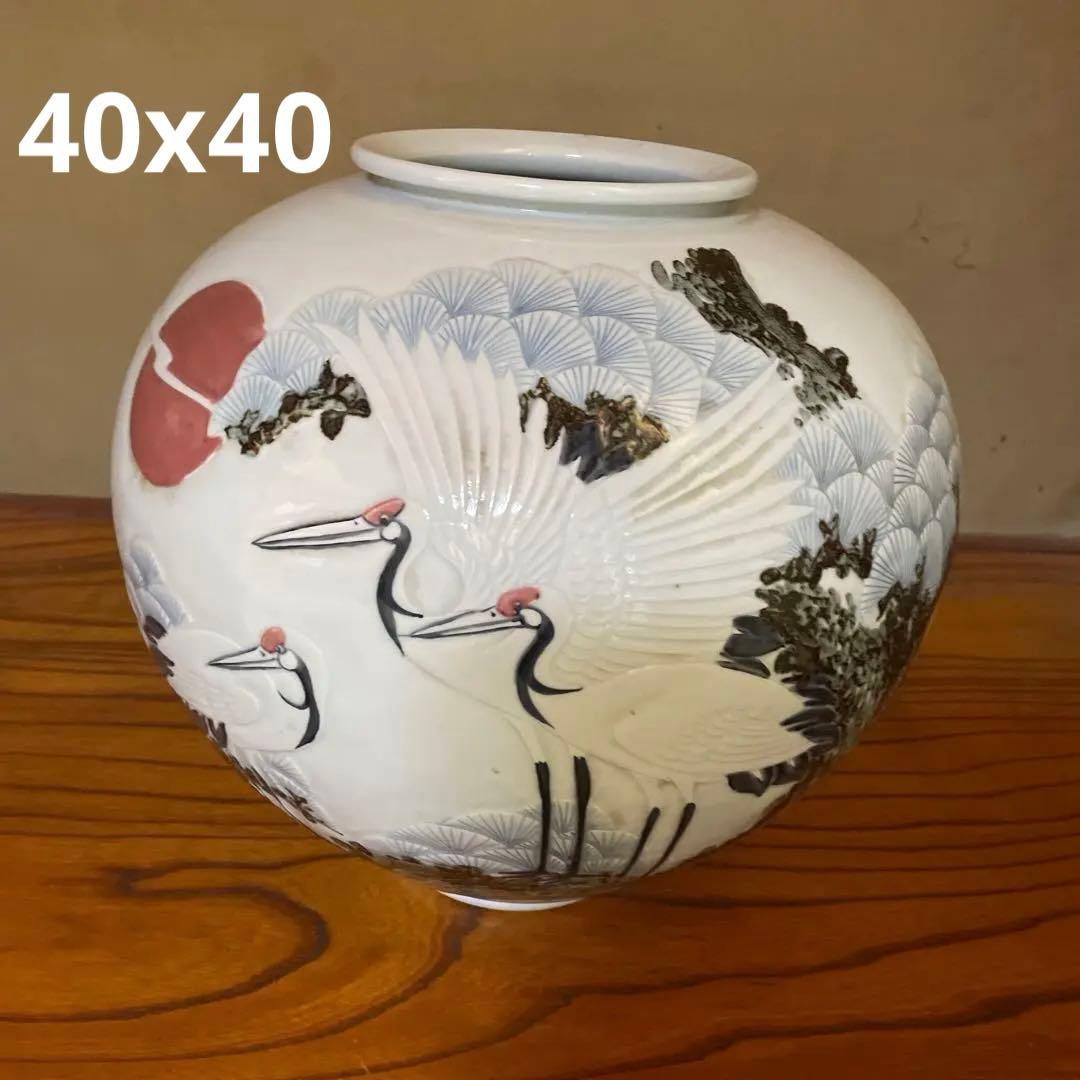高麗白磁の象嵌（ぞうがん）壺 大壺 旭日鶴老松 象嵌壺 40x40 - メルカリ