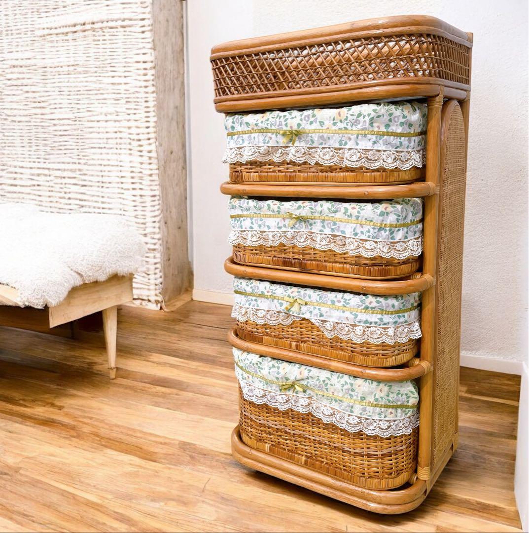 ヴィンテージ★ラタンチェスト 4段 収納棚 ナチュラル アジアン家具 大型籘家具