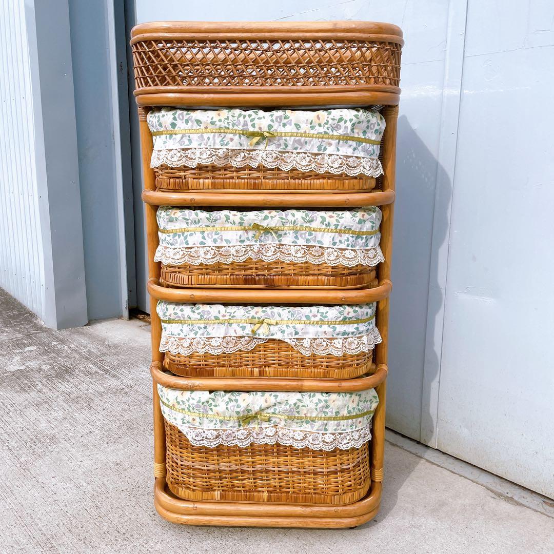 ヴィンテージ★ラタンチェスト 4段 収納棚 ナチュラル アジアン家具 大型籘家具