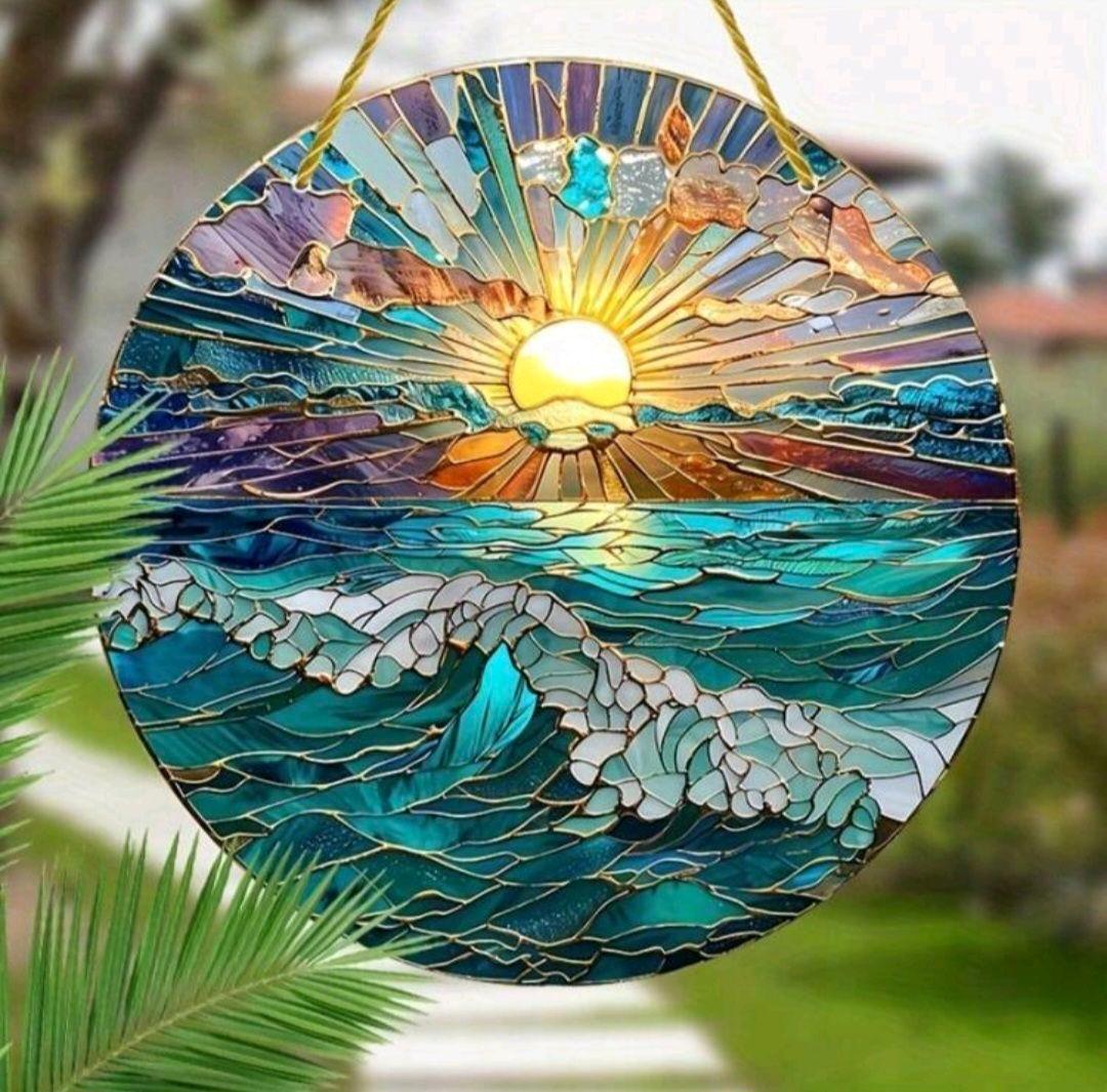 新品】海と夕日のデザイン 2Dステンドグラス風サンキャッチャー 直径