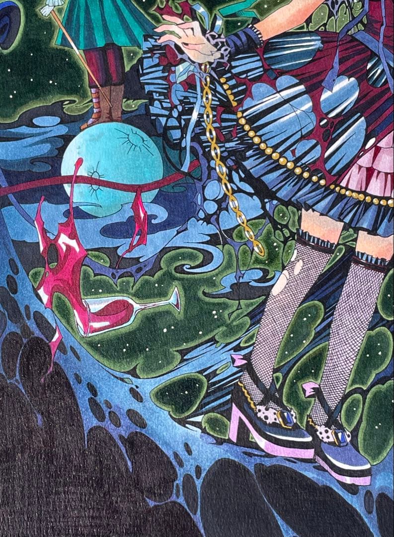 真作　Fukasawa Naoko「Blue Moon」水彩 ゴスロリ　アリス