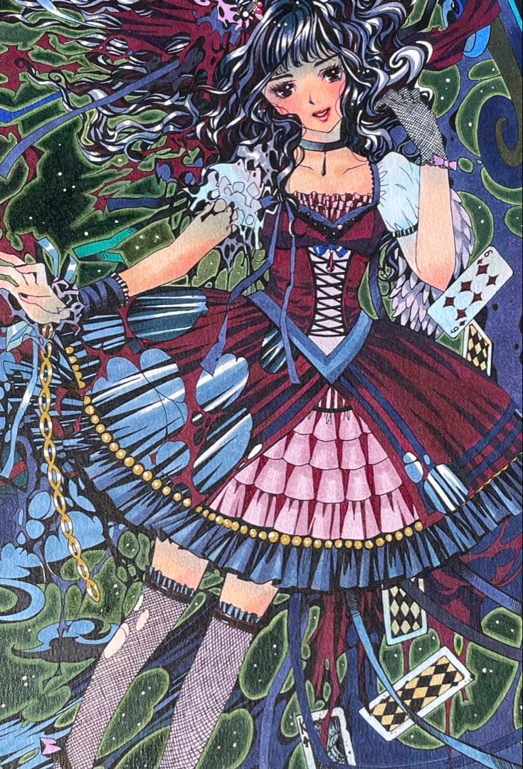 真作　Fukasawa Naoko「Blue Moon」水彩 ゴスロリ　アリス