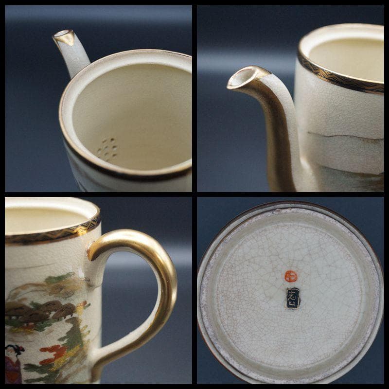 明治期 薩摩焼 志山造 丸十字家紋 人物山水図 コーヒー/紅茶ポット3点セット