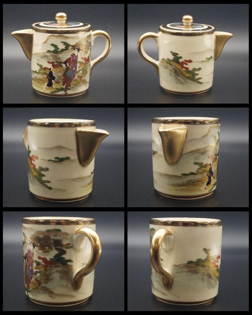 明治期 薩摩焼 志山造 丸十字家紋 人物山水図 コーヒー/紅茶ポット3点セット