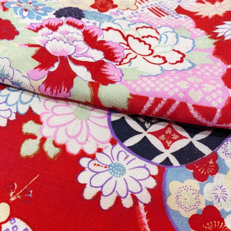 508ag78◎七五三 三歳 女の子 アンティーク着物&被布 レトロ 扇 赤◎