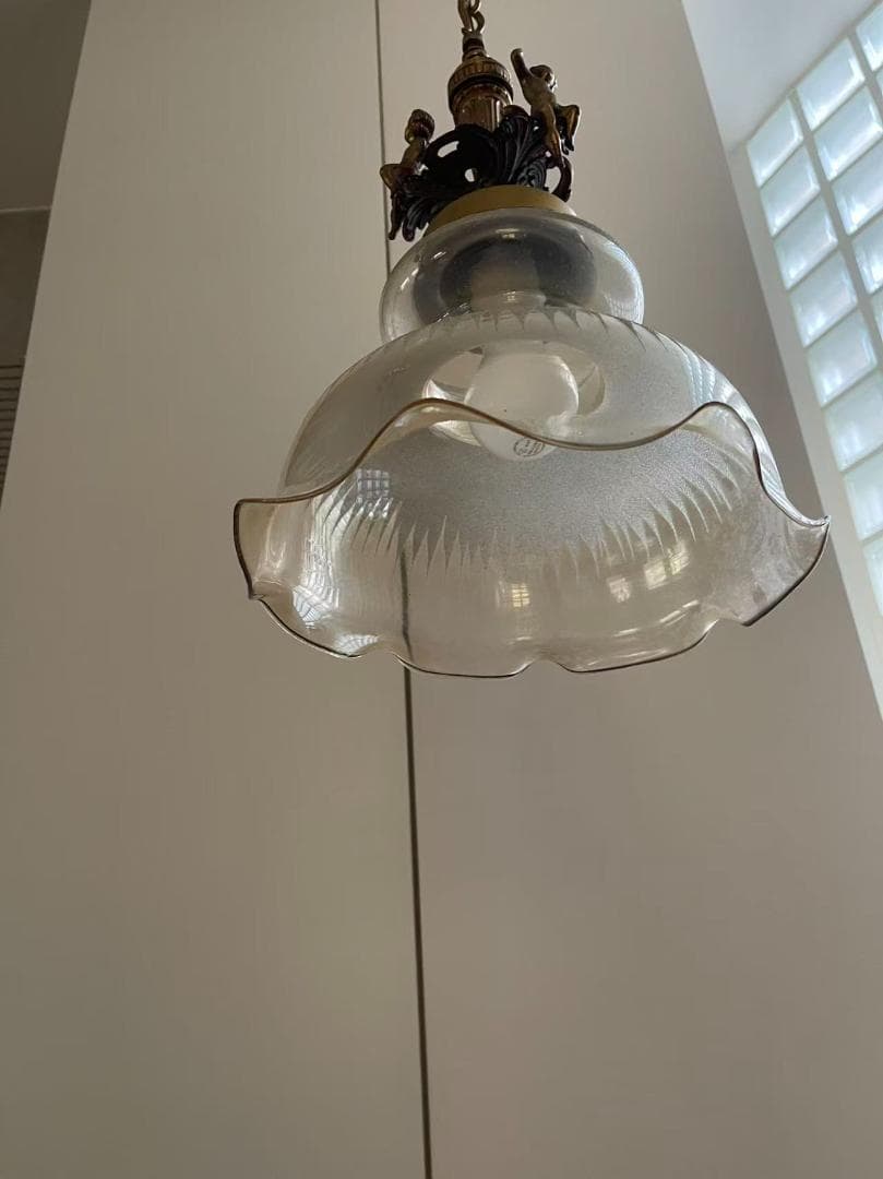 【希少/ヴィンテージ】天使の装飾 ペンダントライト フリルガラス エッチング加工