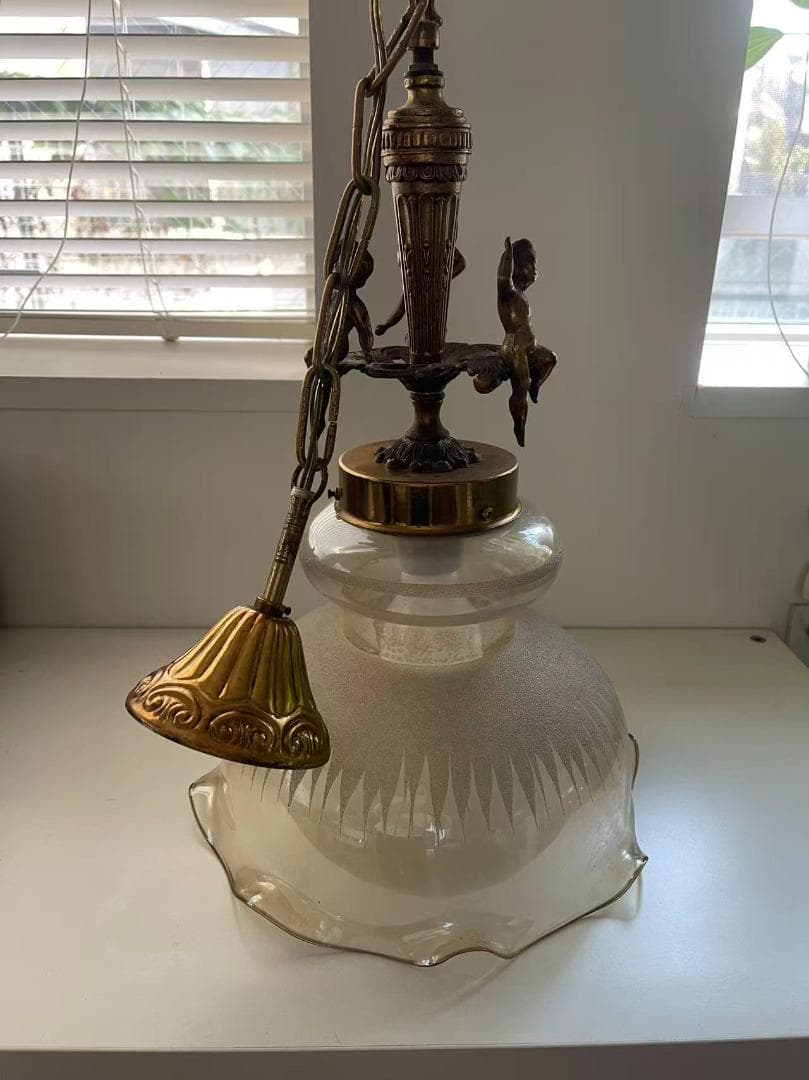 【希少/ヴィンテージ】天使の装飾 ペンダントライト フリルガラス エッチング加工