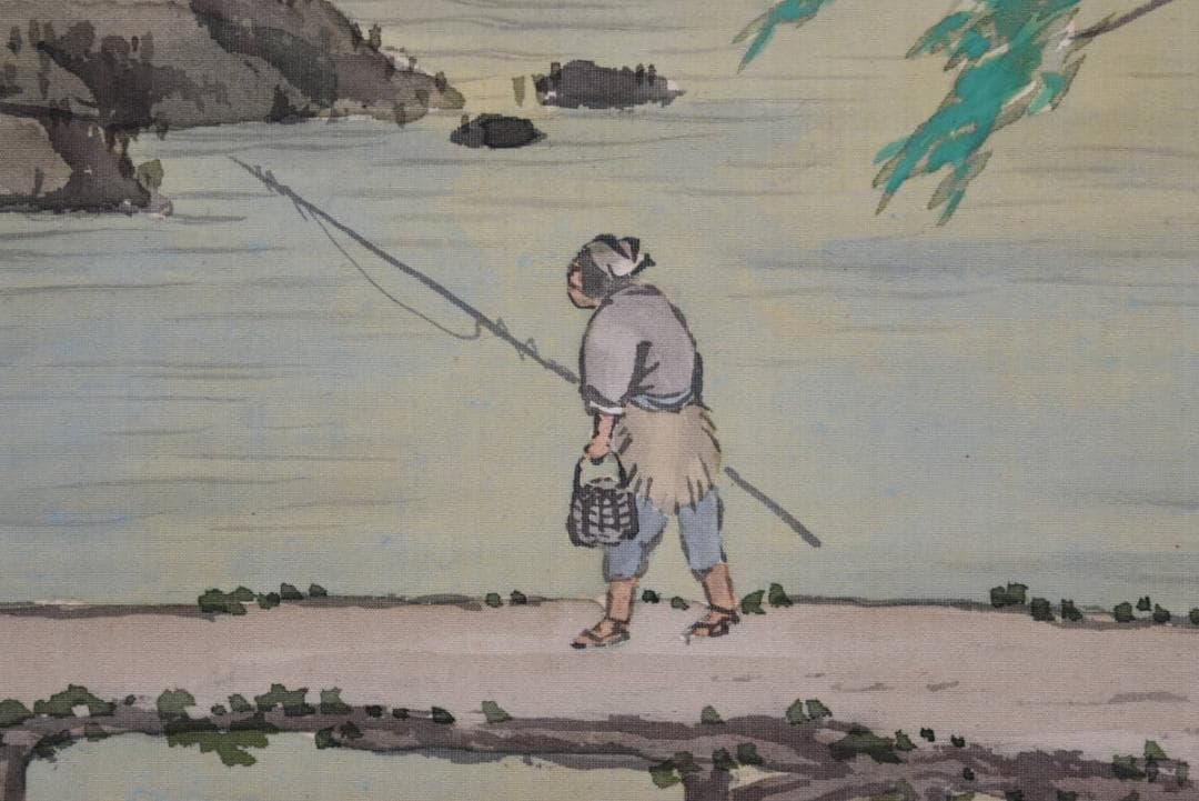 真作】梶野玄山/春渓釣り人図/掛軸☆宝船☆AB-291
