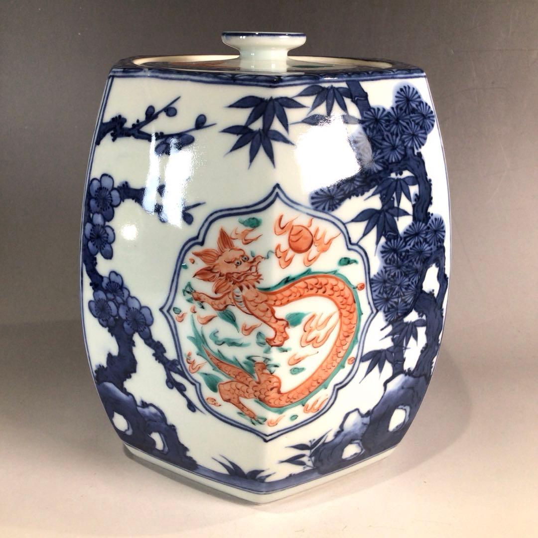 P324 水指 『平安 手塚玉堂造』『染付赤絵』『六角水指』 共箱