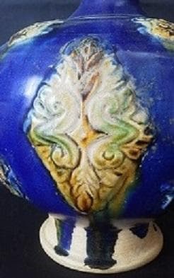 中国古美術/藍釉三彩連弁紋龍耳瓶【保存箱付】