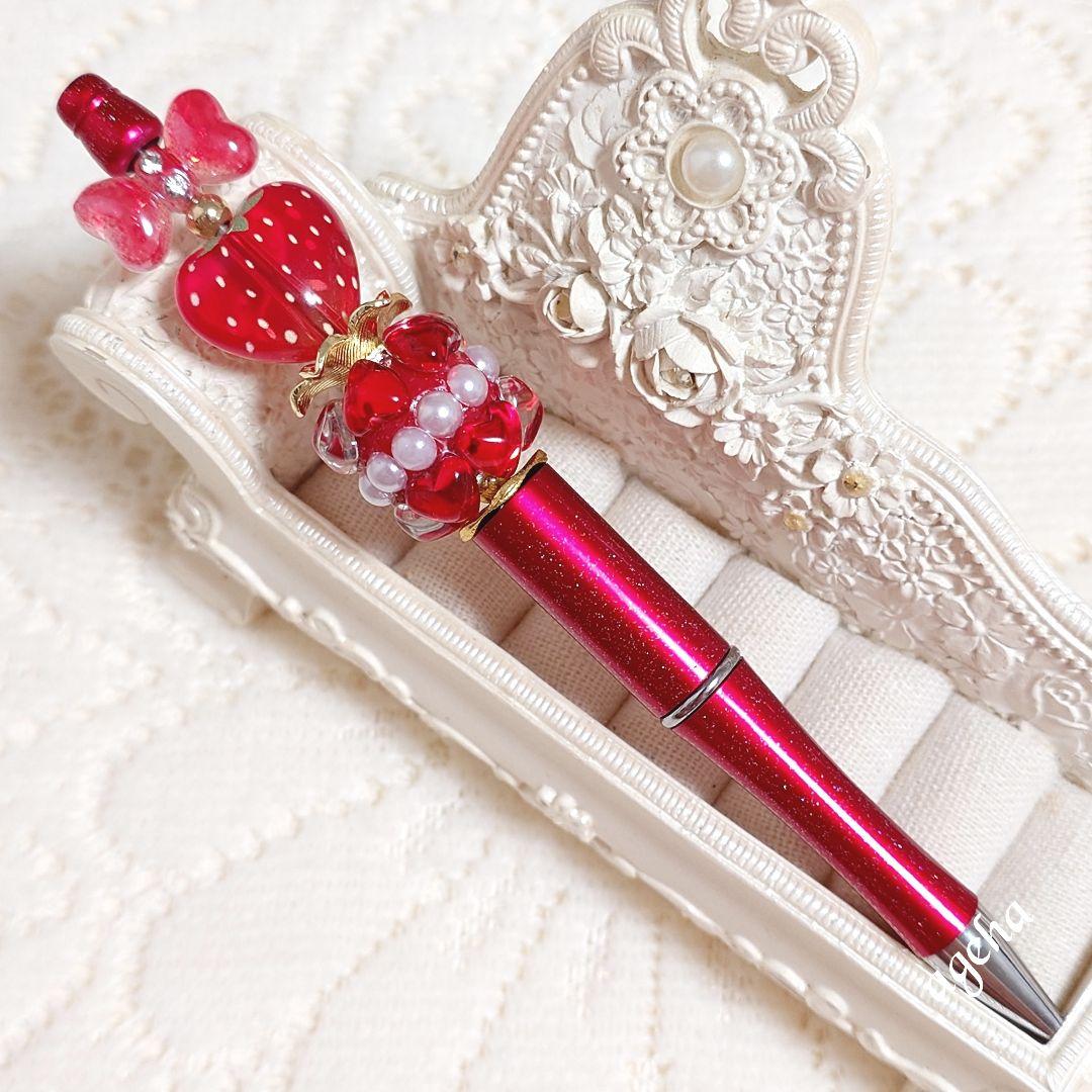 sale‼️N4207 カスタムボールペン いちごビーズ 両面ストーン付きリボン