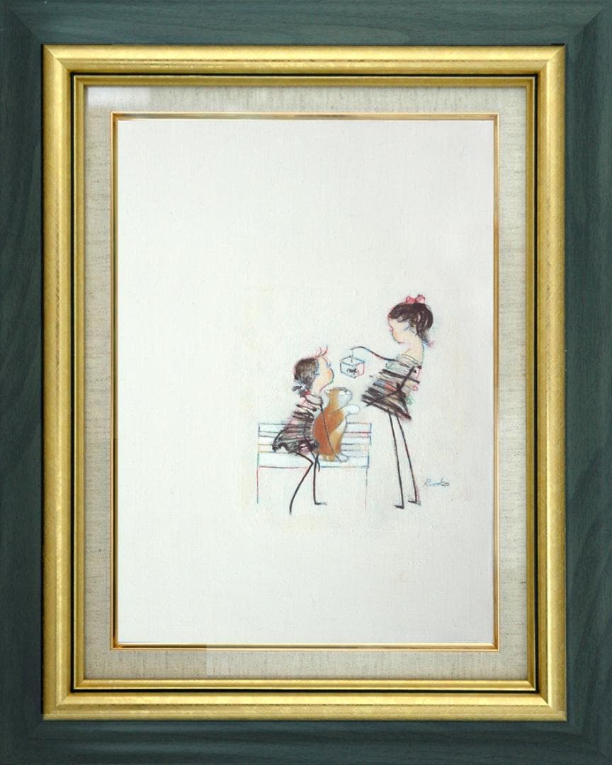 絵画額付( 青緑＋金色の枠) 油絵F4-030219 子猫（子犬）と女の子