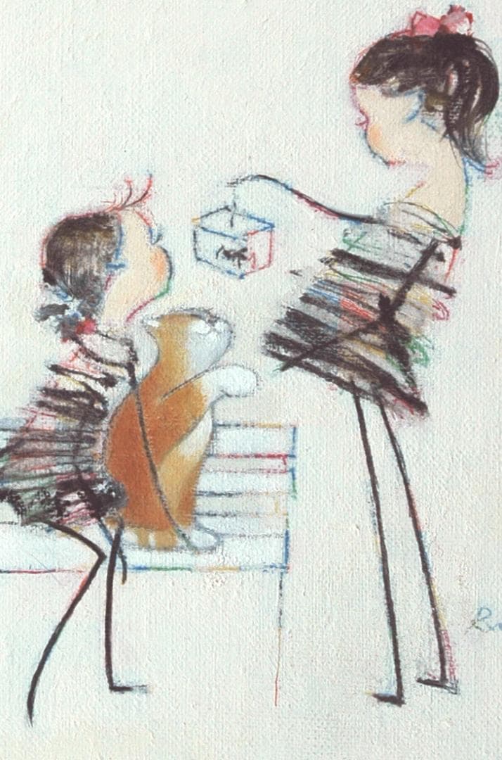 絵画額付( 青緑＋金色の枠) 油絵F4-030219 子猫（子犬）と女の子