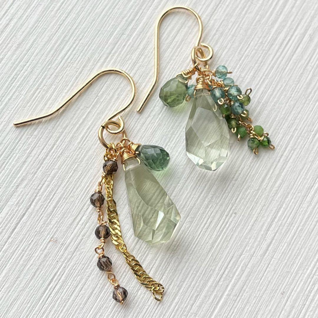 1527 グリーンアメジストの大粒ピアス　14kgf