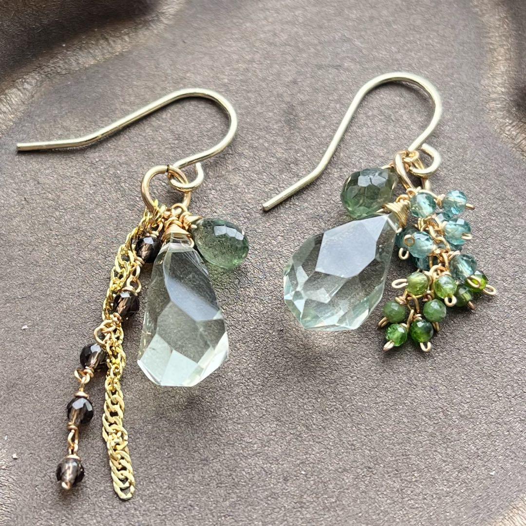 1527 グリーンアメジストの大粒ピアス　14kgf