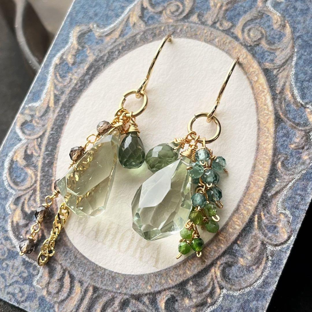 1527 グリーンアメジストの大粒ピアス　14kgf