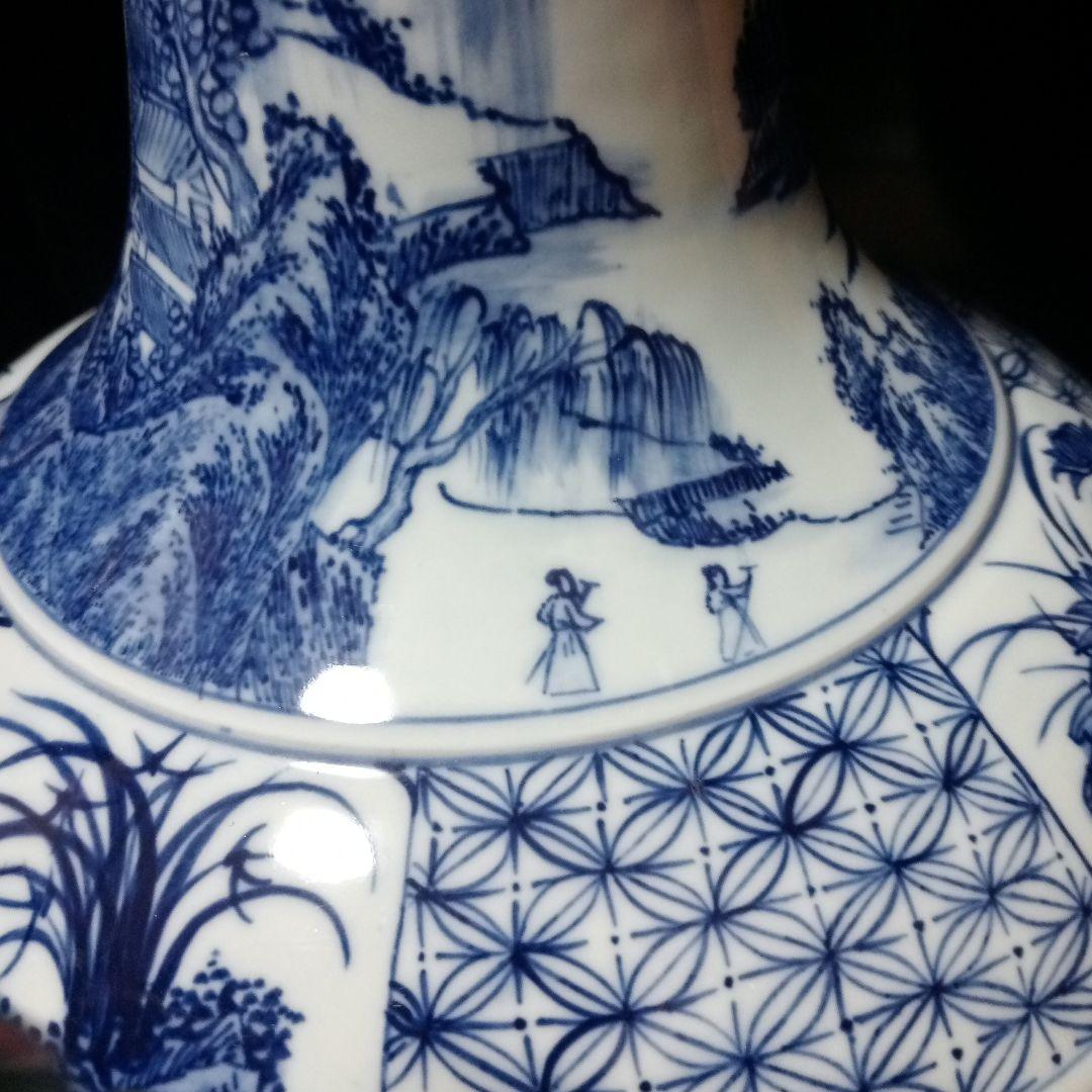 大清康熙年製在銘　四君子(蘭・竹・菊・梅)と5匹の虎　中国陶器花瓶壺