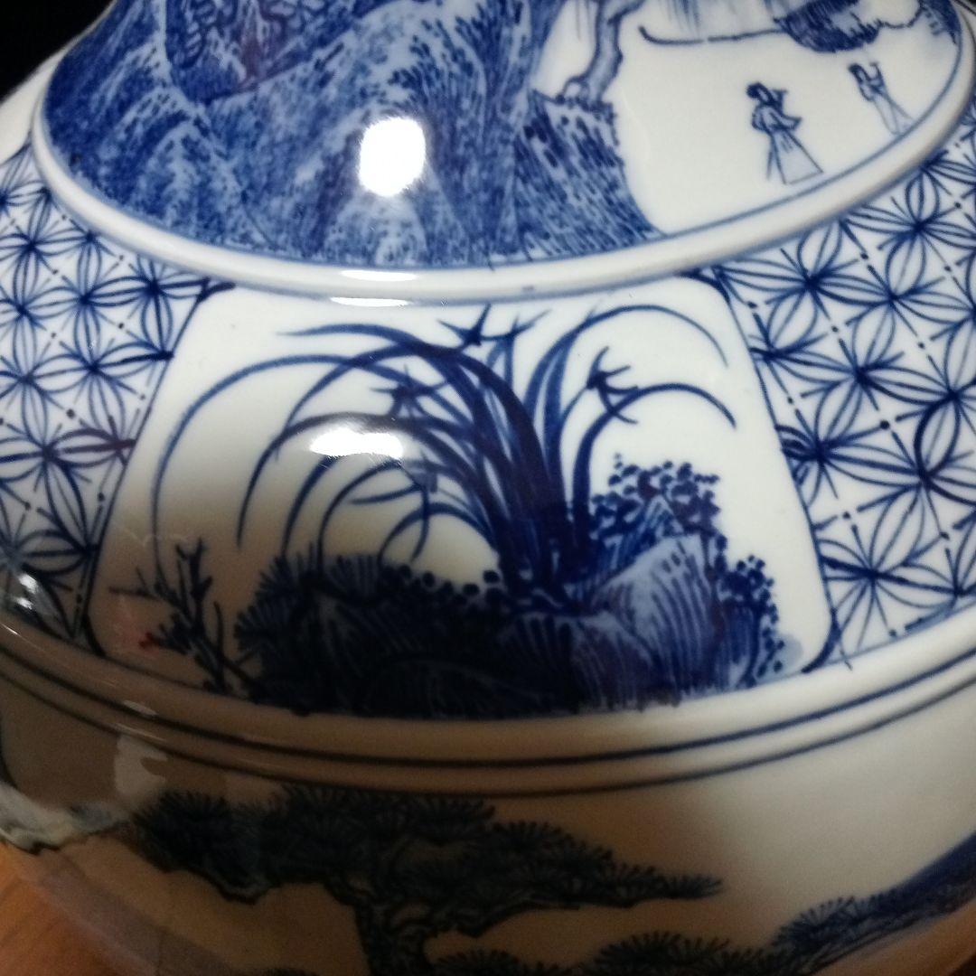 大清康熙年製在銘　四君子(蘭・竹・菊・梅)と5匹の虎　中国陶器花瓶壺