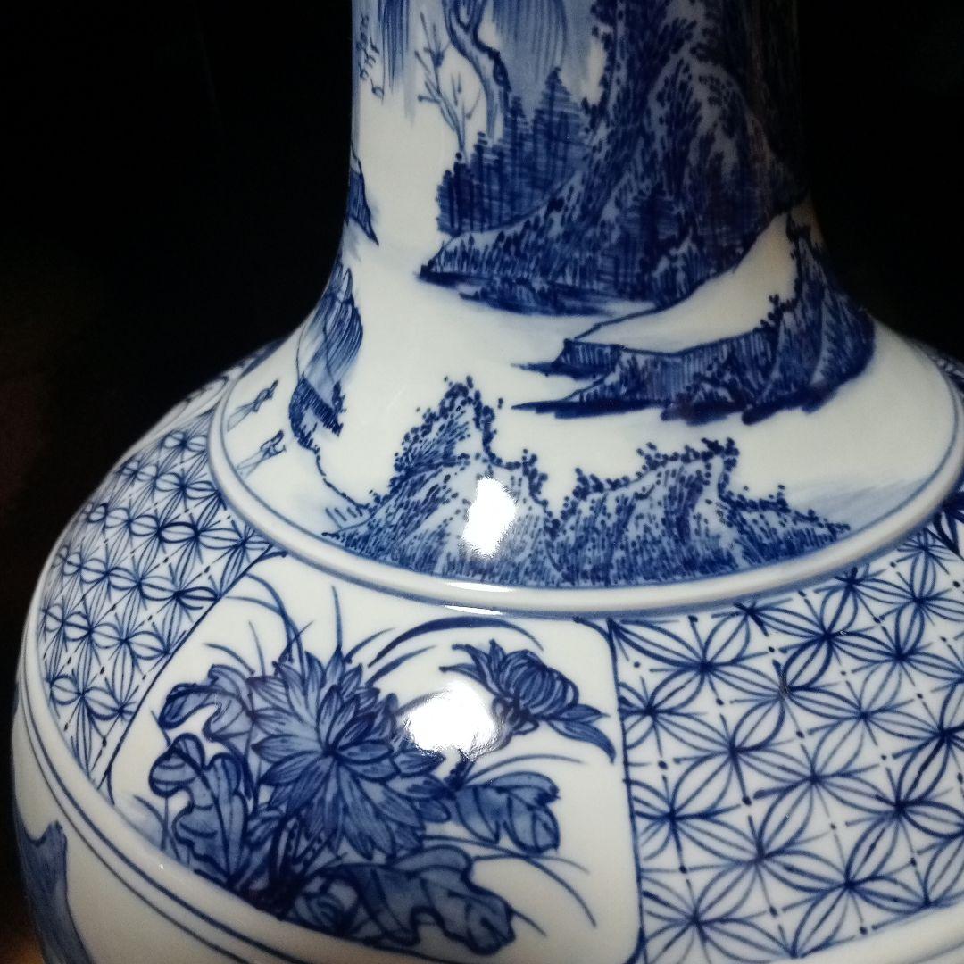 大清康熙年製在銘　四君子(蘭・竹・菊・梅)と5匹の虎　中国陶器花瓶壺