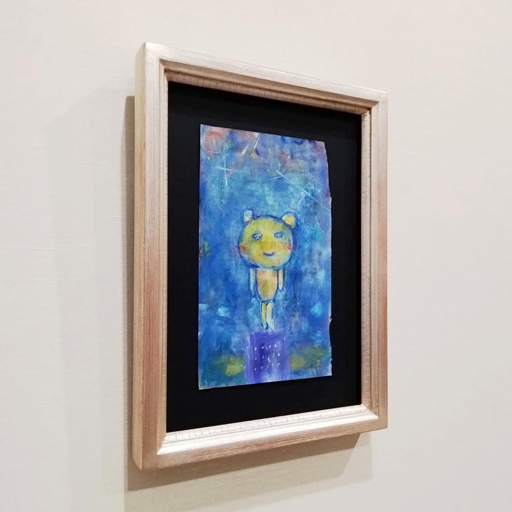 内野隆文　夜のくま　絵画　アンティークペーパー　アクリル画　現代美術　額付　真作