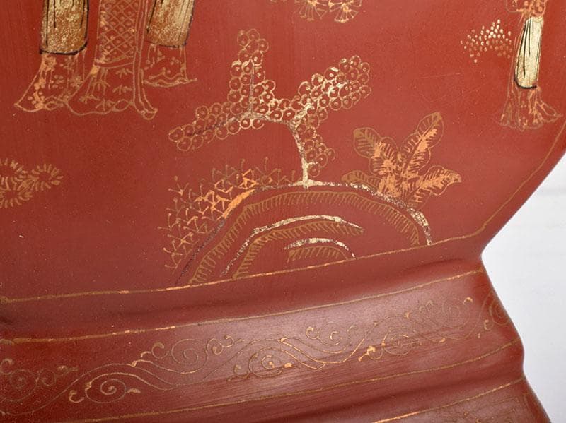 中国　康煕年製　乾漆朱漆金蒔絵山水人物文扁壷　V　3905B