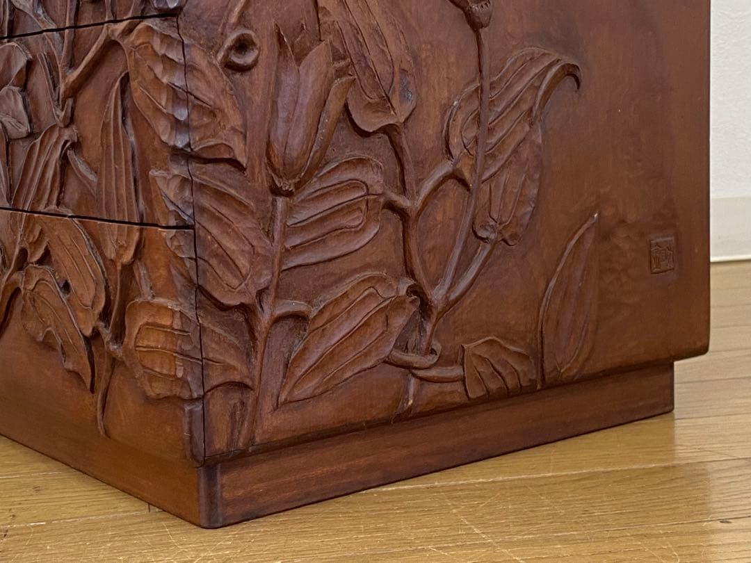 木製 花 彫刻 5段 小引き出し 小箪笥 ミニチェスト 金助作