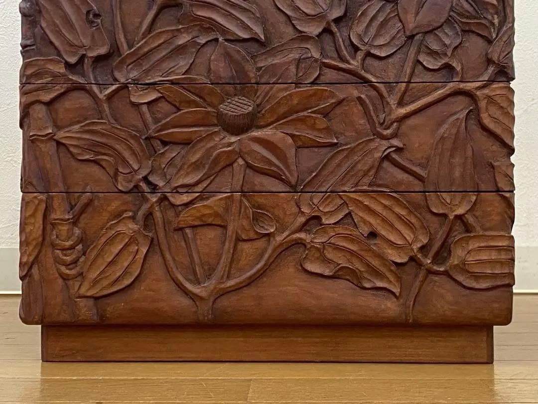 木製 花 彫刻 5段 小引き出し 小箪笥 ミニチェスト 金助作