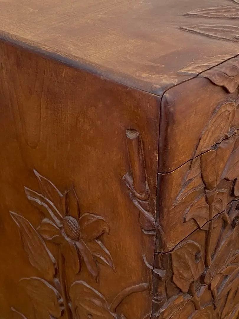 木製 花 彫刻 5段 小引き出し 小箪笥 ミニチェスト 金助作