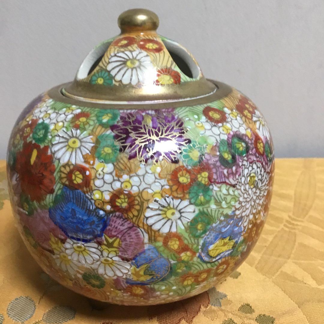 九谷焼　香炉　金彩花詰　木箱付き