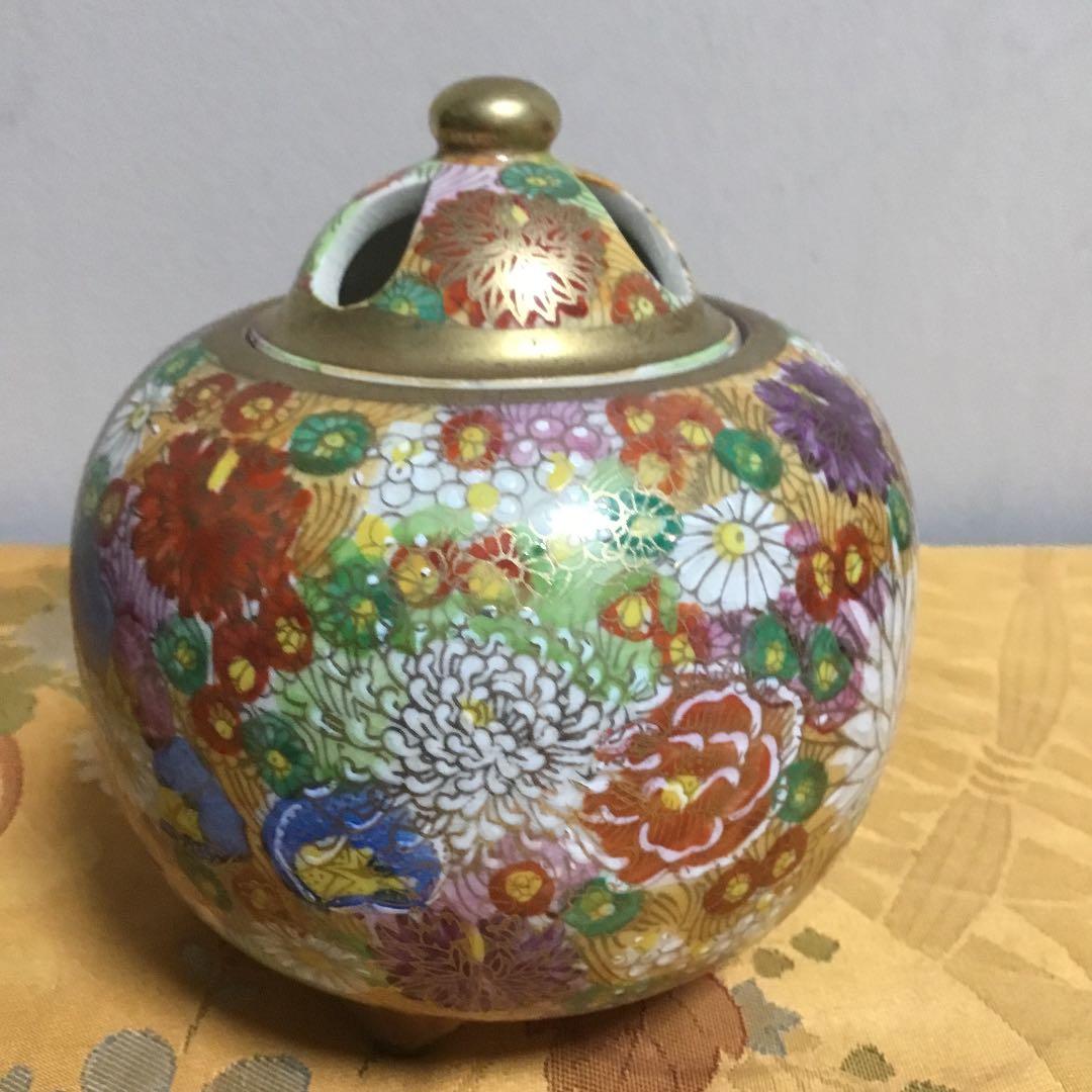 九谷焼　香炉　金彩花詰　木箱付き