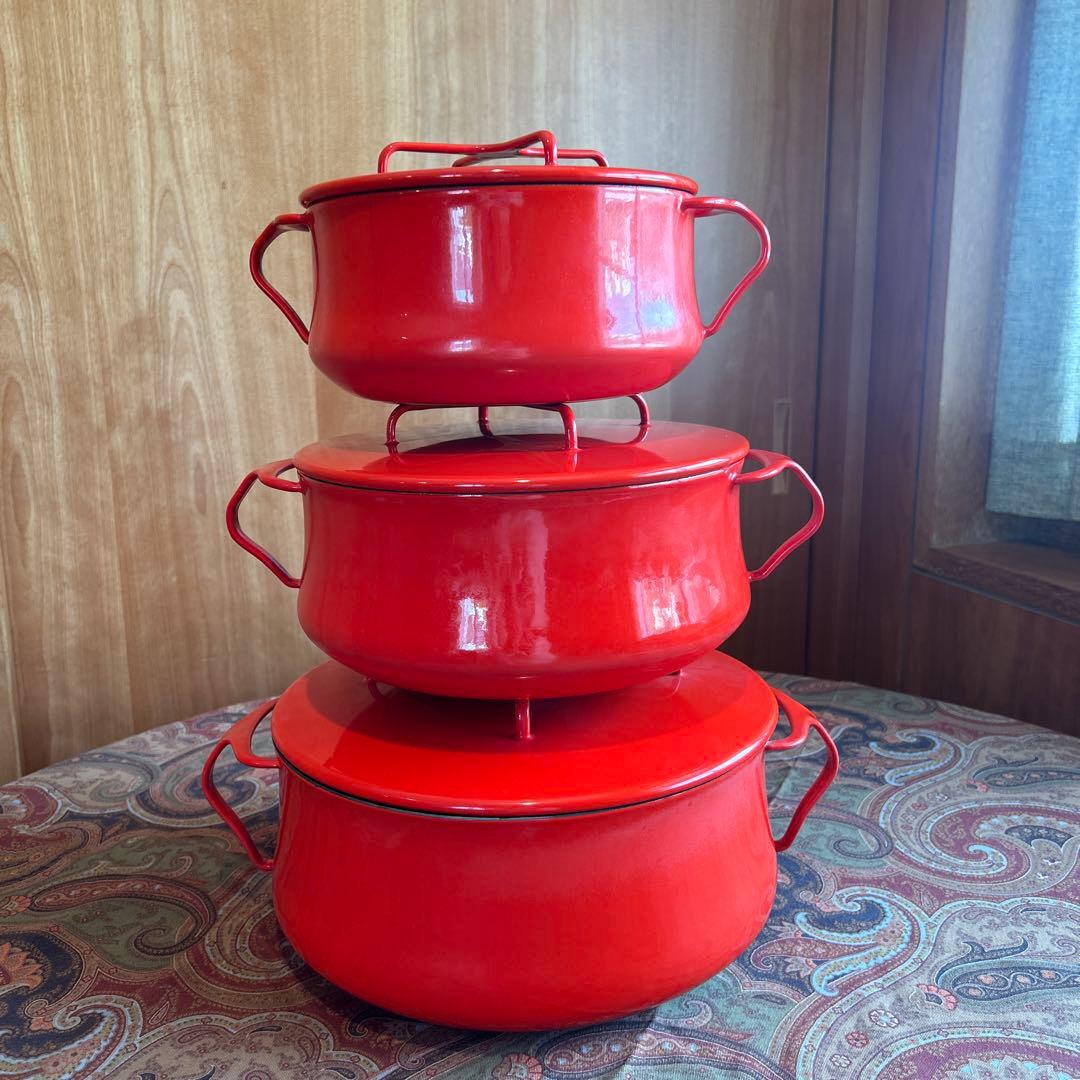 160◆DANKS 小型18.5cm 両手鍋　赤いホーロー　ミルクパン 蓋付