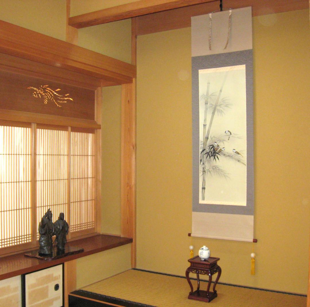 【真筆】掛け軸 掛軸　竹に雀◆松浦瑞雲　共箱・タトウ箱付