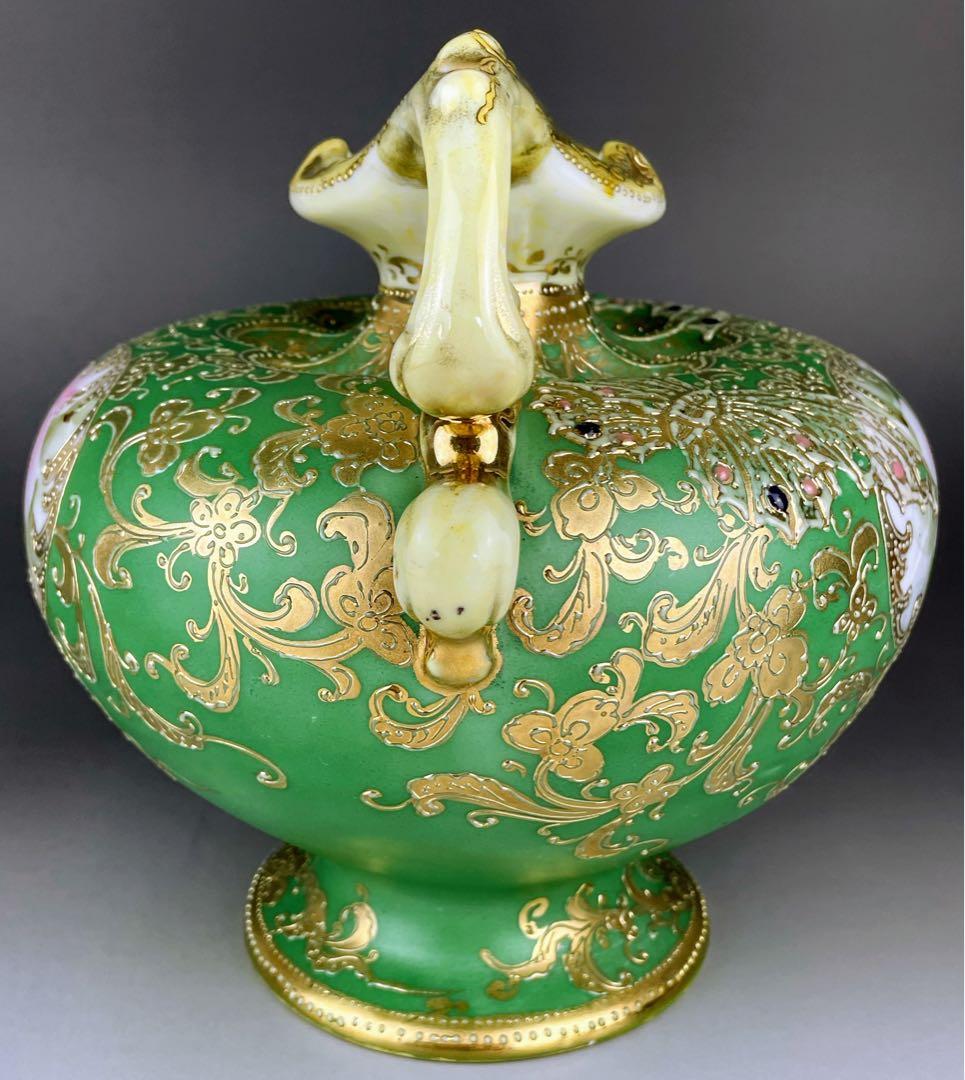 美品】オールドノリタケ ジュエル 翠地金盛り蝶 薔薇紋花瓶 ジュール