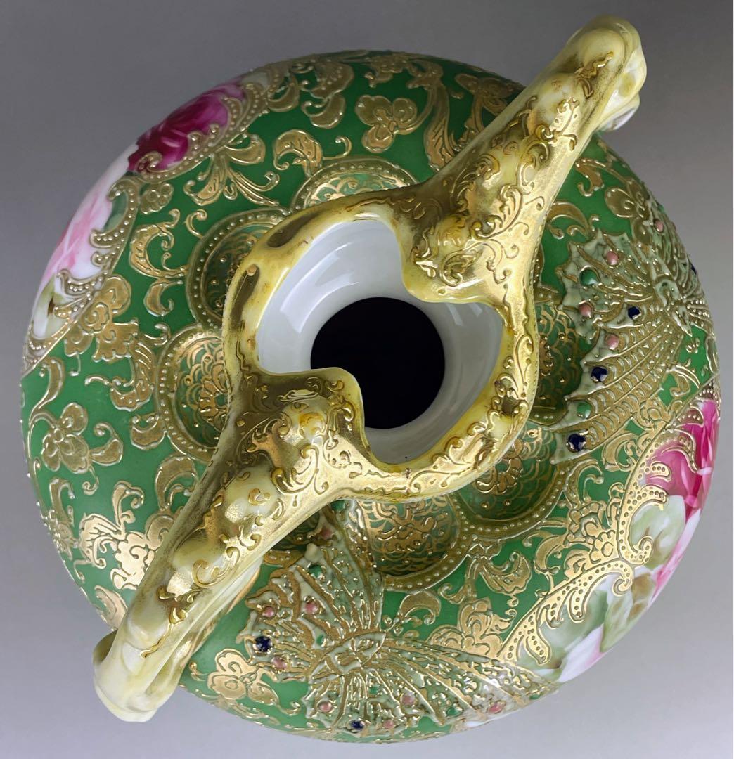 美品】オールドノリタケ ジュエル 翠地金盛り蝶 薔薇紋花瓶 ジュール