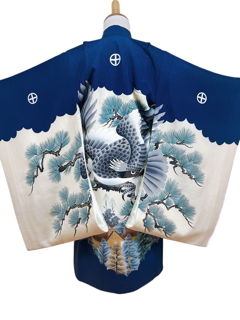 正絹セット♡七五三　3歳　男の子　紺色系　鷹　レトロ