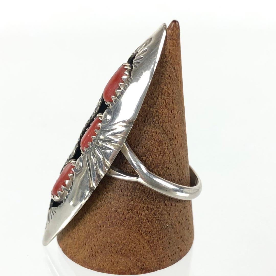 希少 3連 コーラル インディアンジュエリー リング BB刻印 sterling