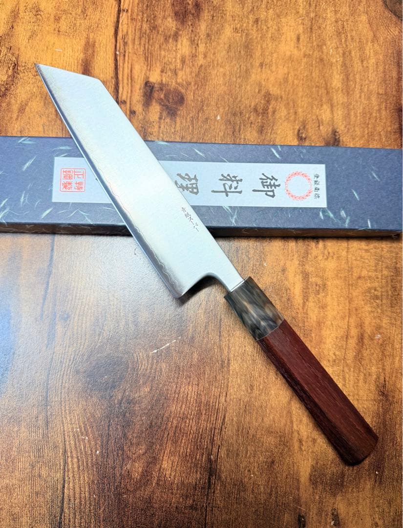 義弘作　文化　包丁　青紙スーパー鋼　山脇刃物製作所　紫檀白水牛八角柄