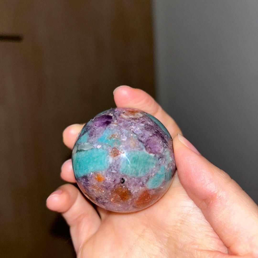 ①アマゾナイト サンストーン レピドライト 共生 スフィア レア 45.9ミリ