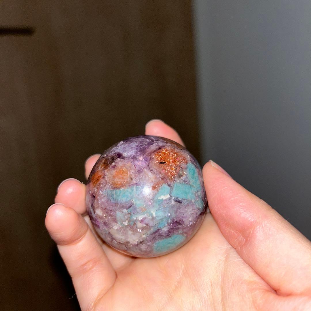 ①アマゾナイト サンストーン レピドライト 共生 スフィア レア 45.9ミリ