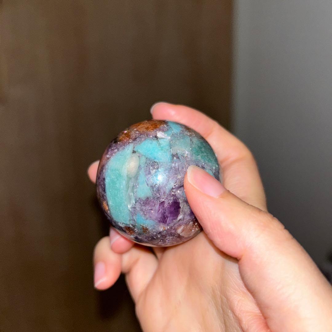 ①アマゾナイト サンストーン レピドライト 共生 スフィア レア 45.9ミリ
