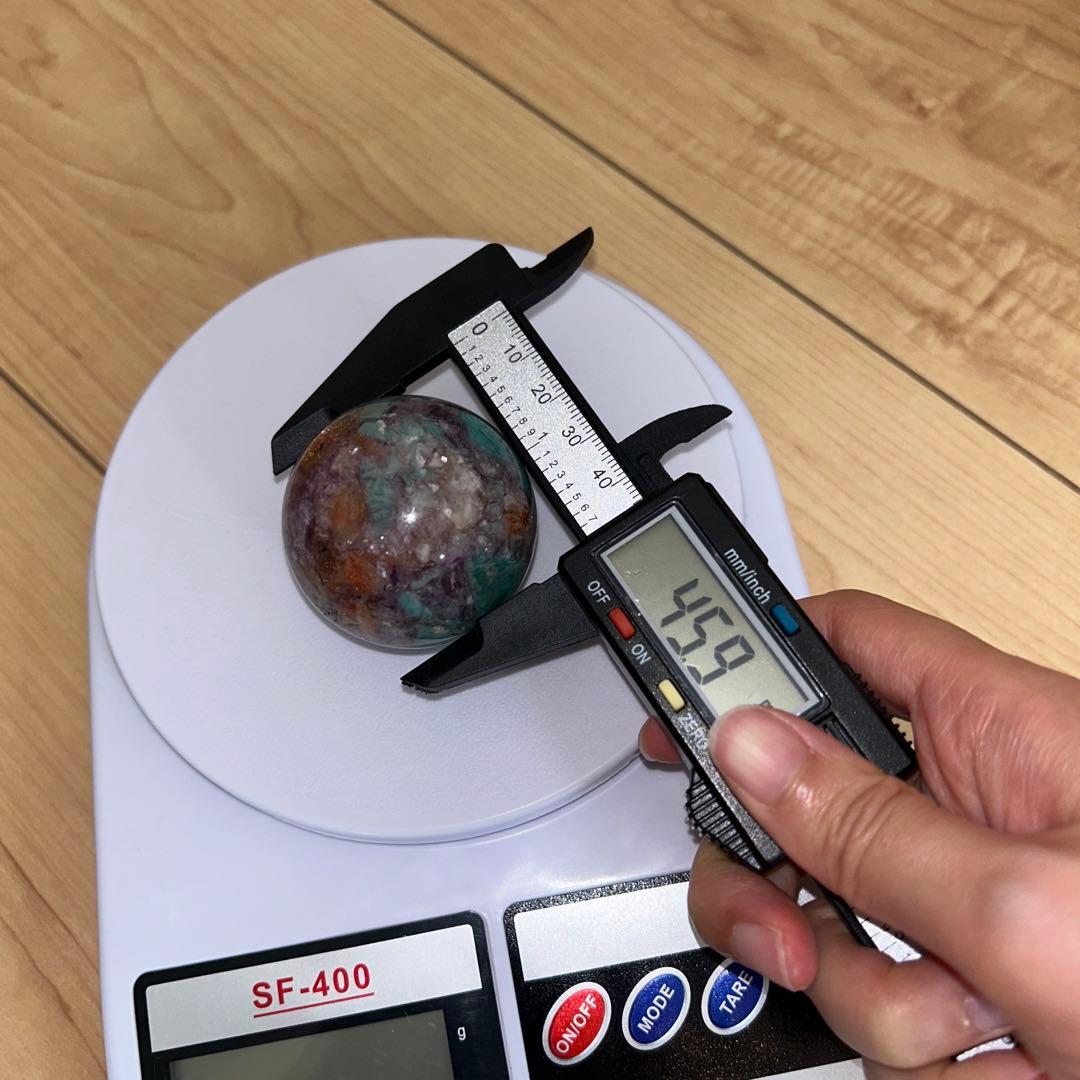 ①アマゾナイト サンストーン レピドライト 共生 スフィア レア 45.9ミリ