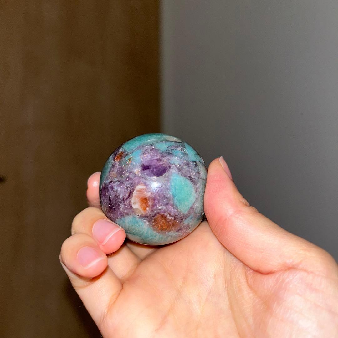 ①アマゾナイト サンストーン レピドライト 共生 スフィア レア 45.9ミリ