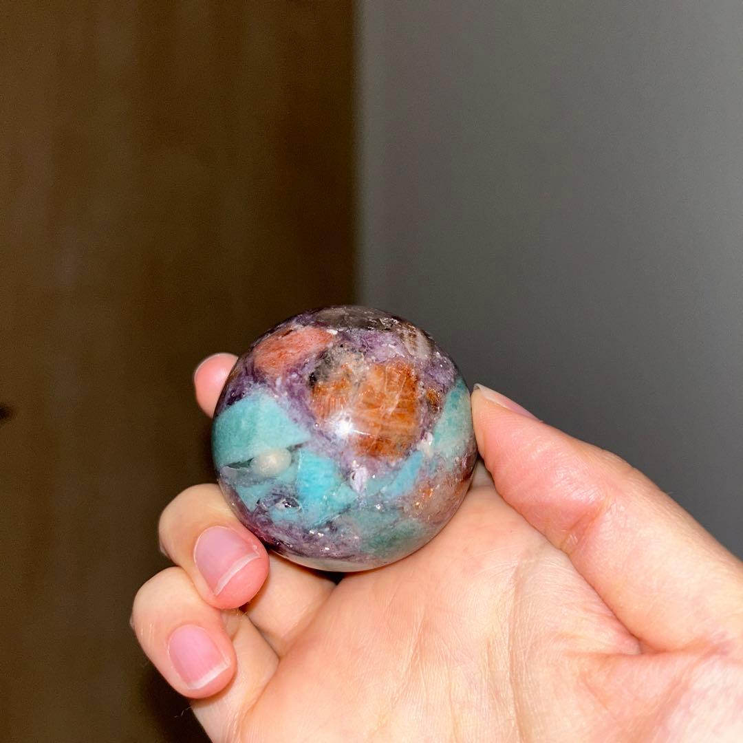 ①アマゾナイト サンストーン レピドライト 共生 スフィア レア 45.9ミリ
