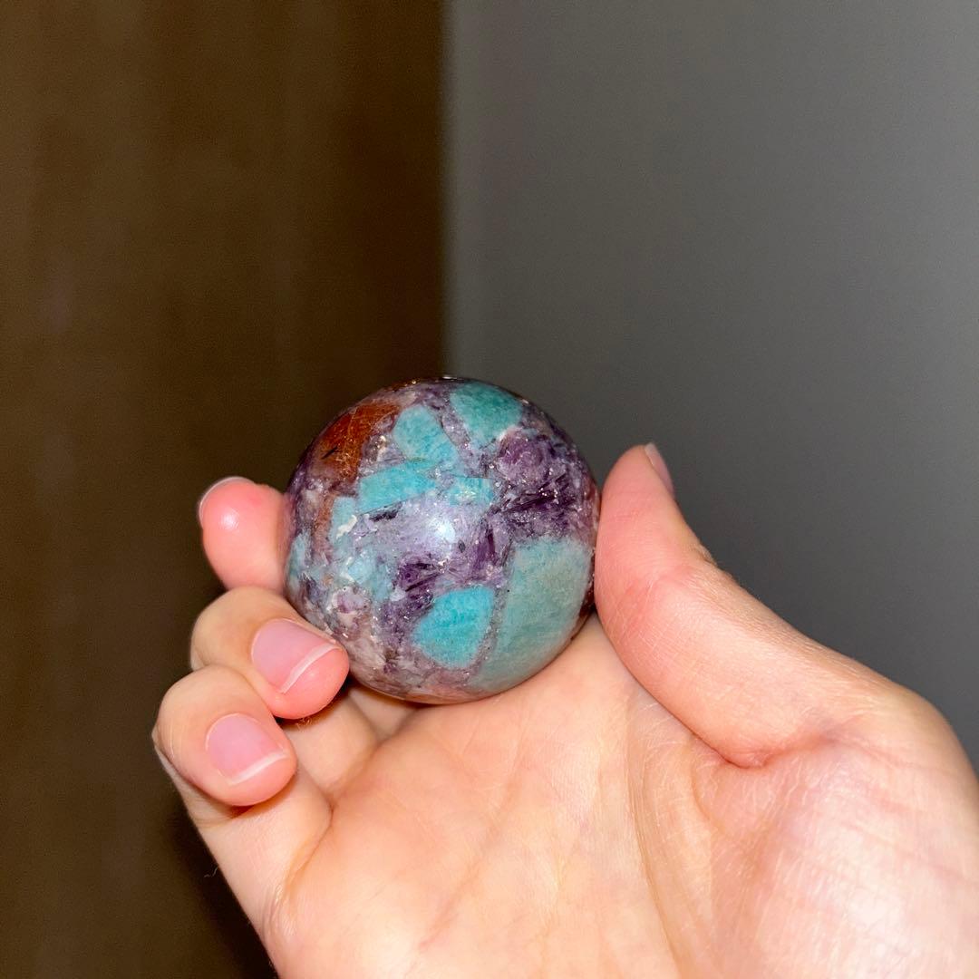 ①アマゾナイト サンストーン レピドライト 共生 スフィア レア 45.9ミリ