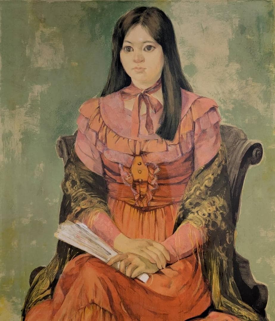 【真作】版画　柳沢淑郎　リトグラフ　扇を持つ少女　上品な色彩と表情美　X80