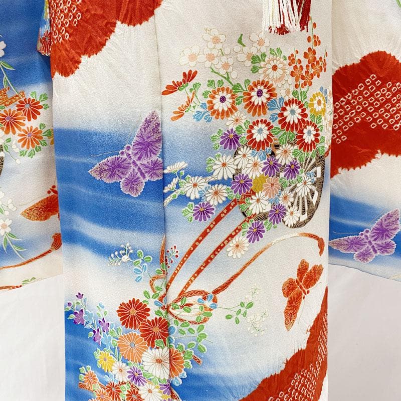 511ag45◎七五三 七歳 女児 着物&袋帯&長襦袢 部分絞り 花車 白水色◎
